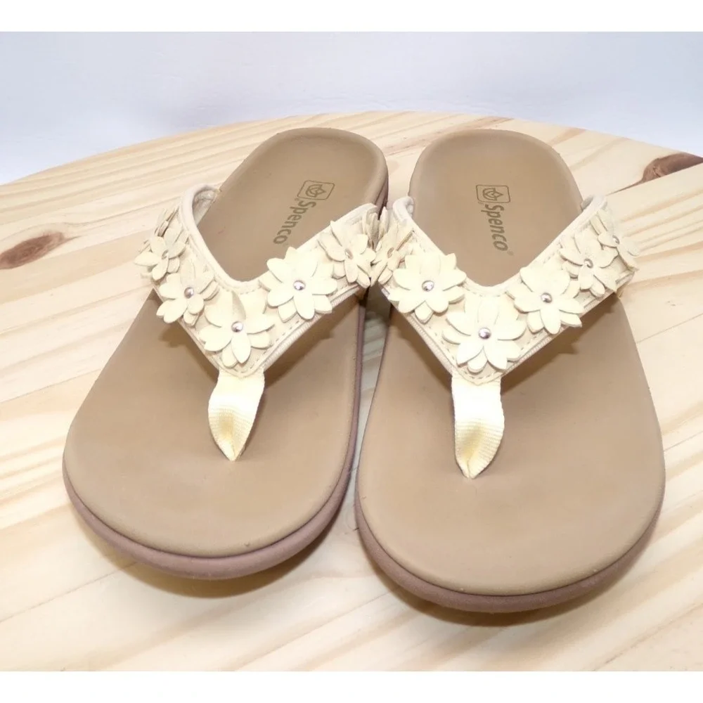 Spenco Flip Flop Sandals Womens Yellow 3D Applique Floral & Red Flags Stars Sz 7